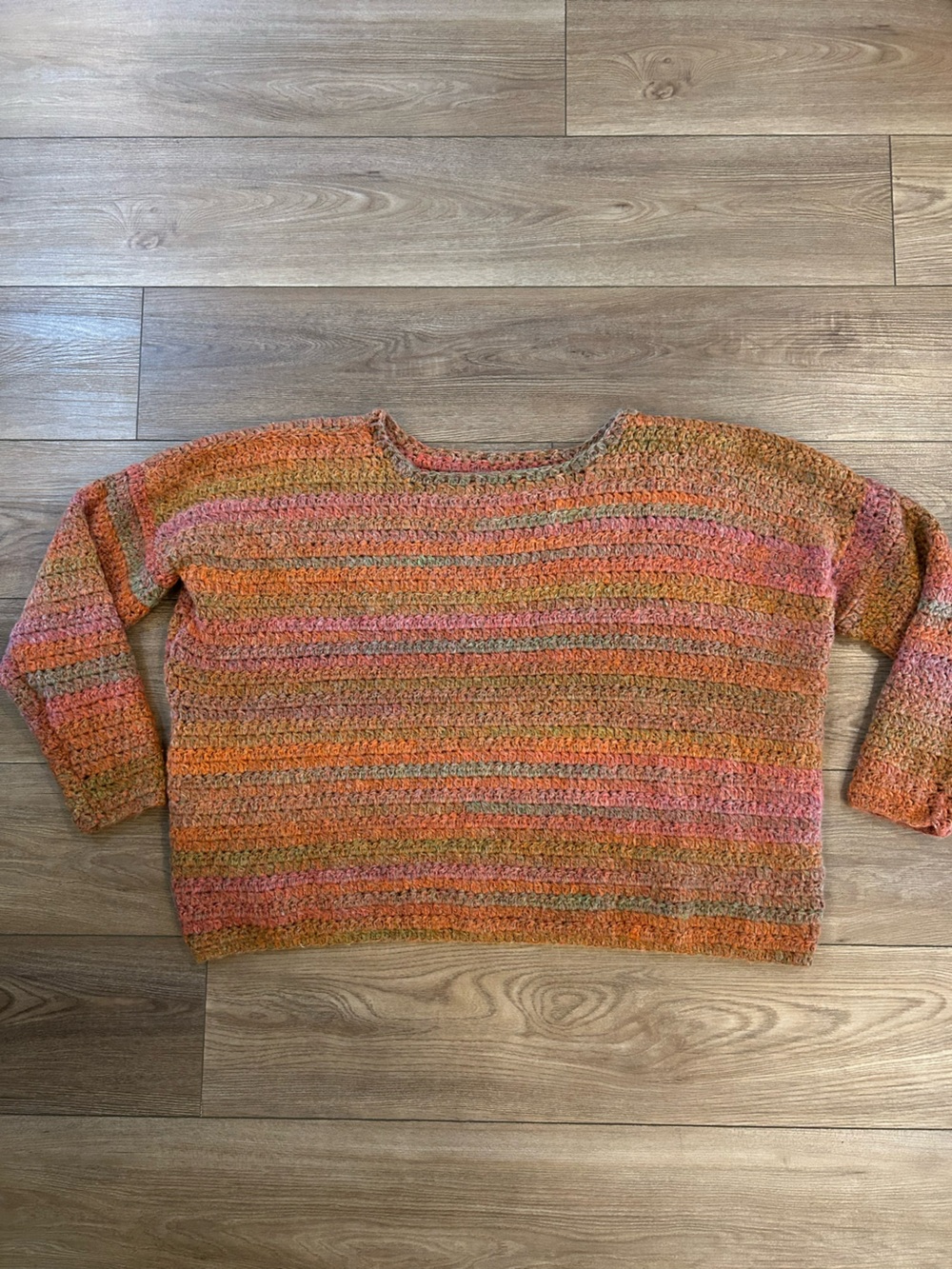 Handmade Crochet Oversized Striped Sweater Rust Coral Boho Est. XL 2XL